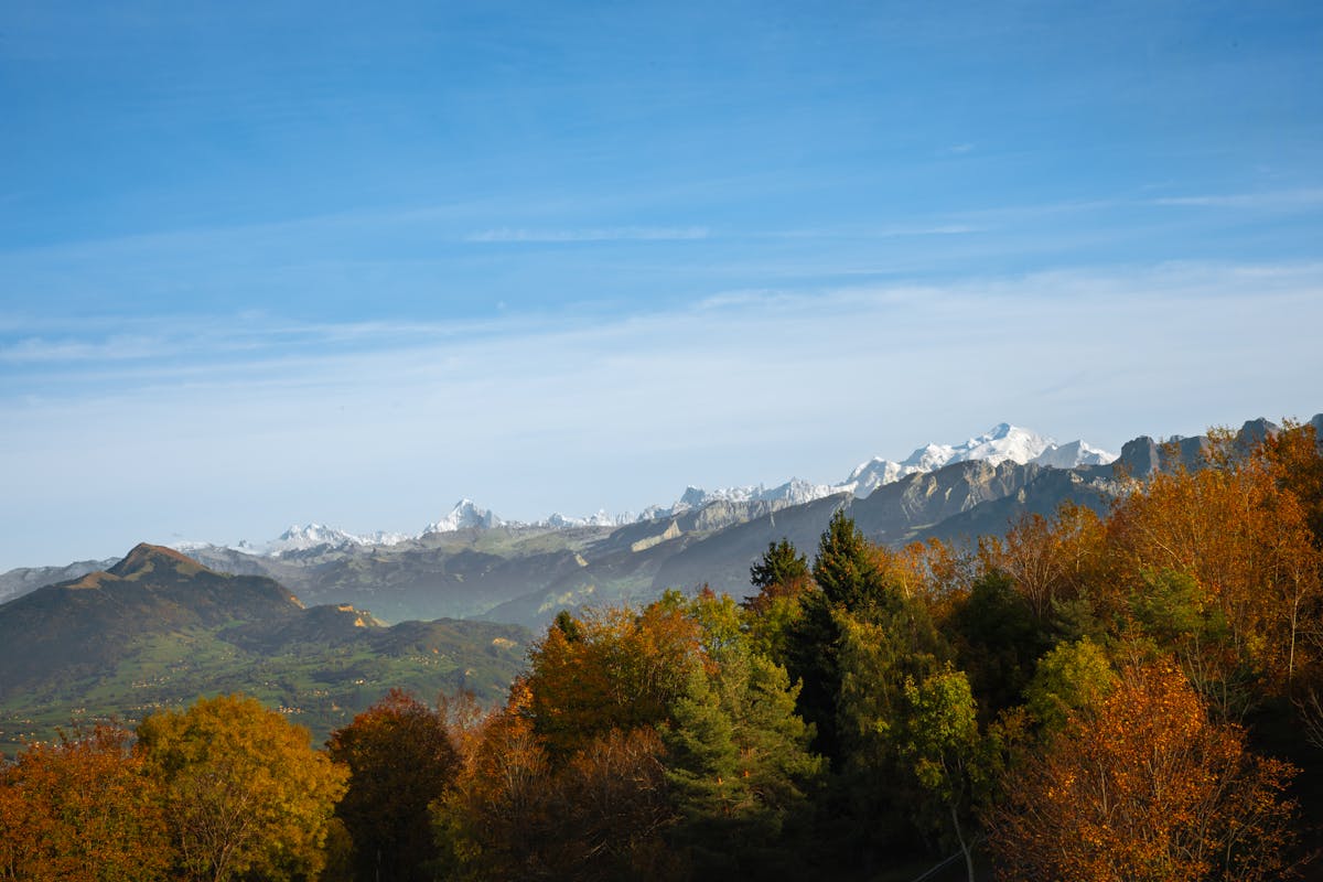 Breathtaking view of Mont Blanc mountain with autumn foliage near Geneva