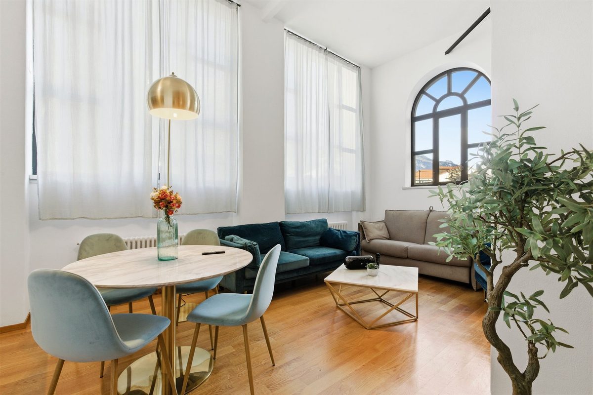 Bright modern apartment living room, the kind of Airbnb in Geneva that beats a hotel on space