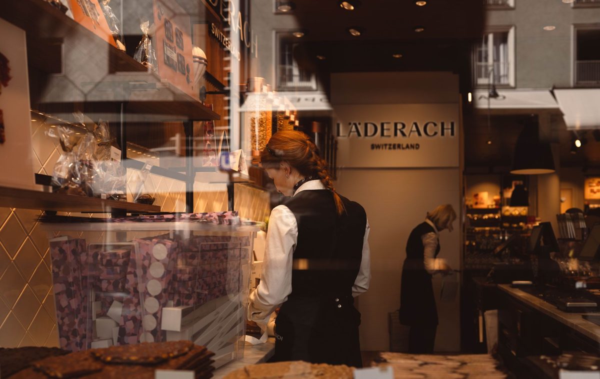 Artisan Swiss chocolate on display in Carouge, Geneva