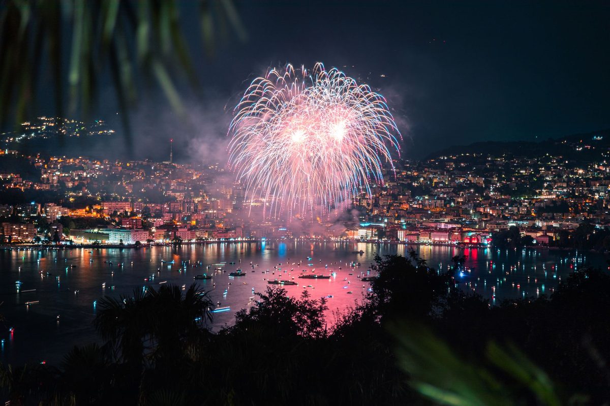 Fireworks bursting over Lake Geneva during the summer festival