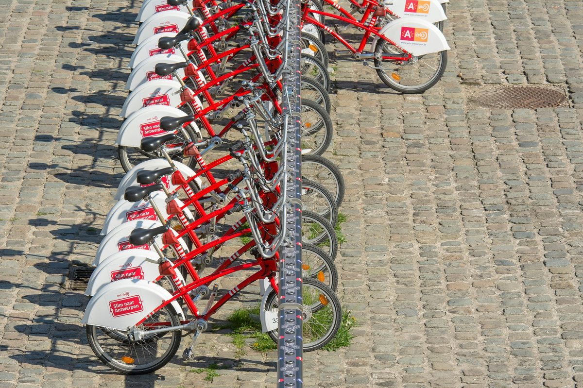 City rental bikes lined up, like the free Geneve Roule bikes in Geneva
