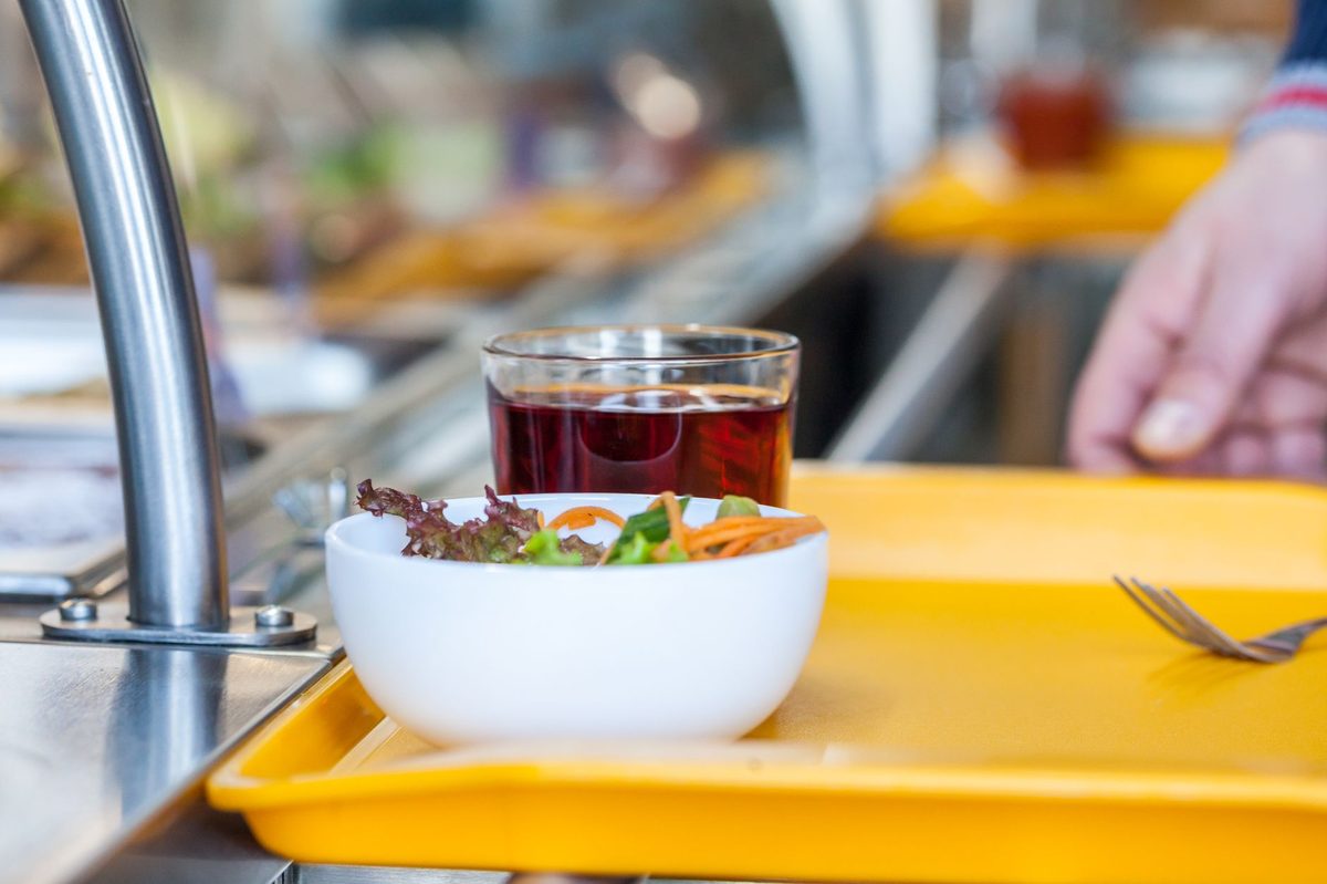 A self-service canteen tray, the cheapest sit-down meal in Geneva