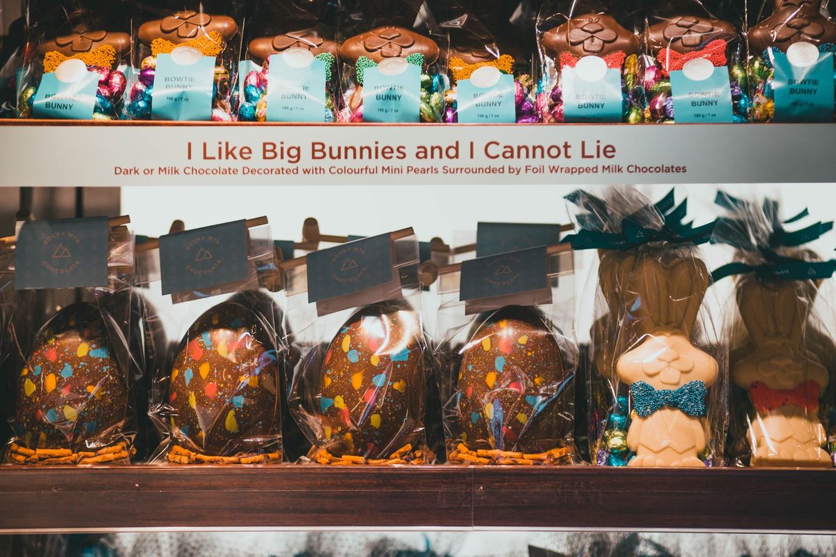 Chocolate Easter eggs in a Geneva chocolatier window in spring
