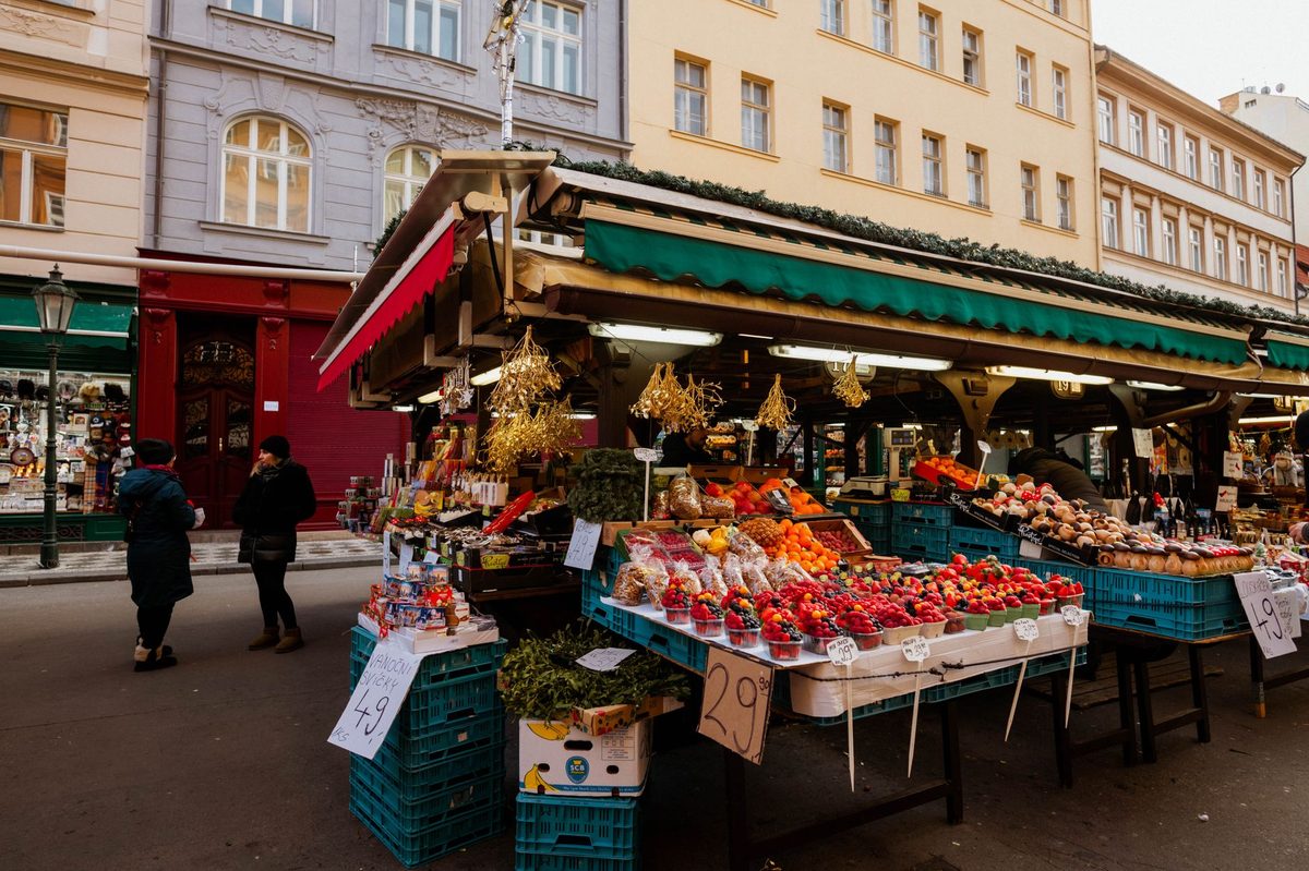 A Geneva food market stall, good value for budget travellers