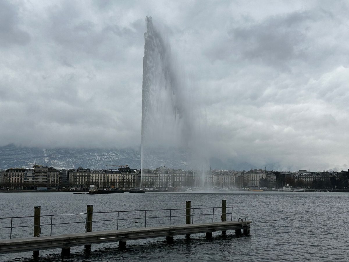 Geneva lakefront and Jet d'Eau on a sunny spring day