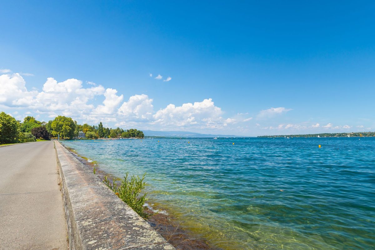 Cyclists on a flat lakeside cycling path beside Lake Geneva
