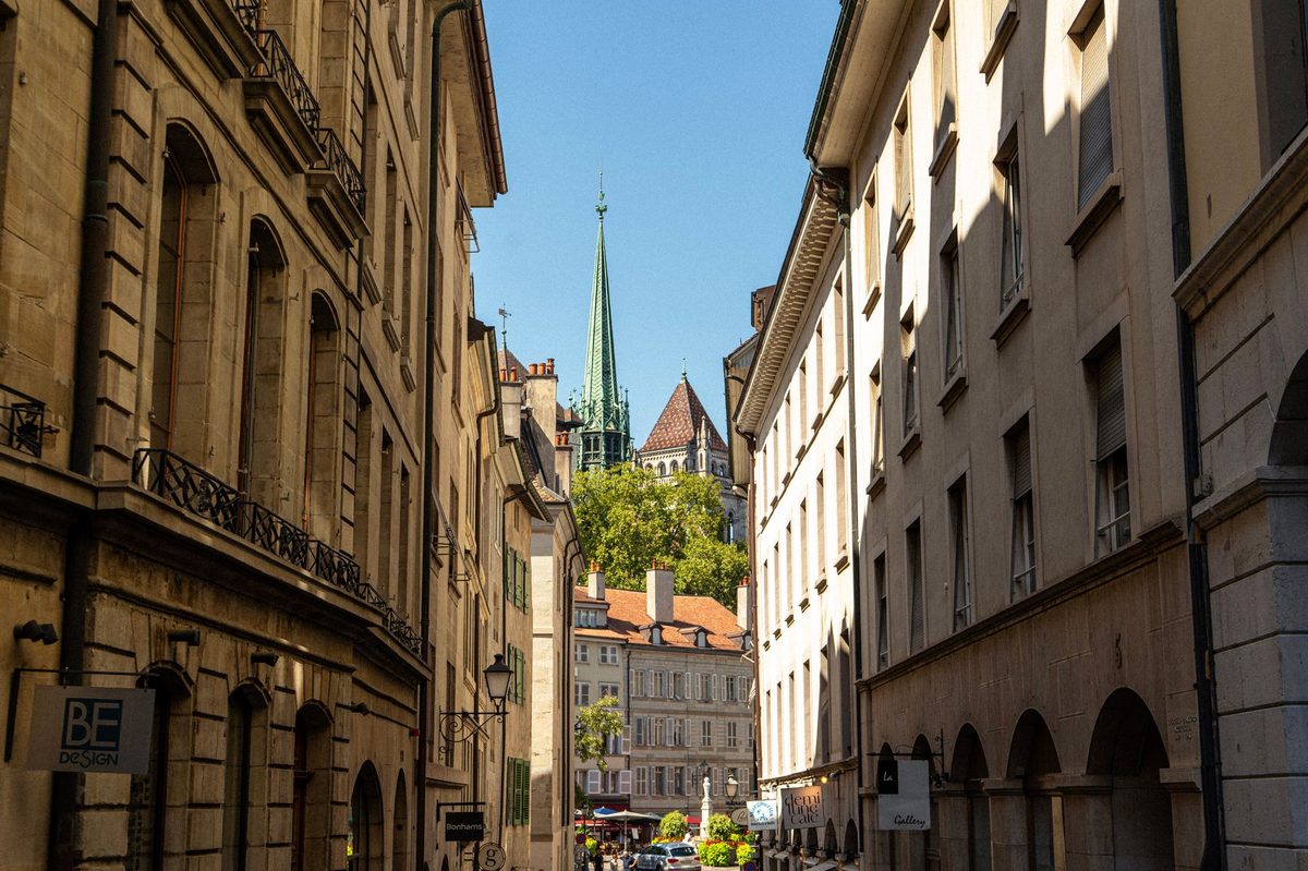 Cobbled streets of medieval Geneva in the Old Town near Maison Tavel