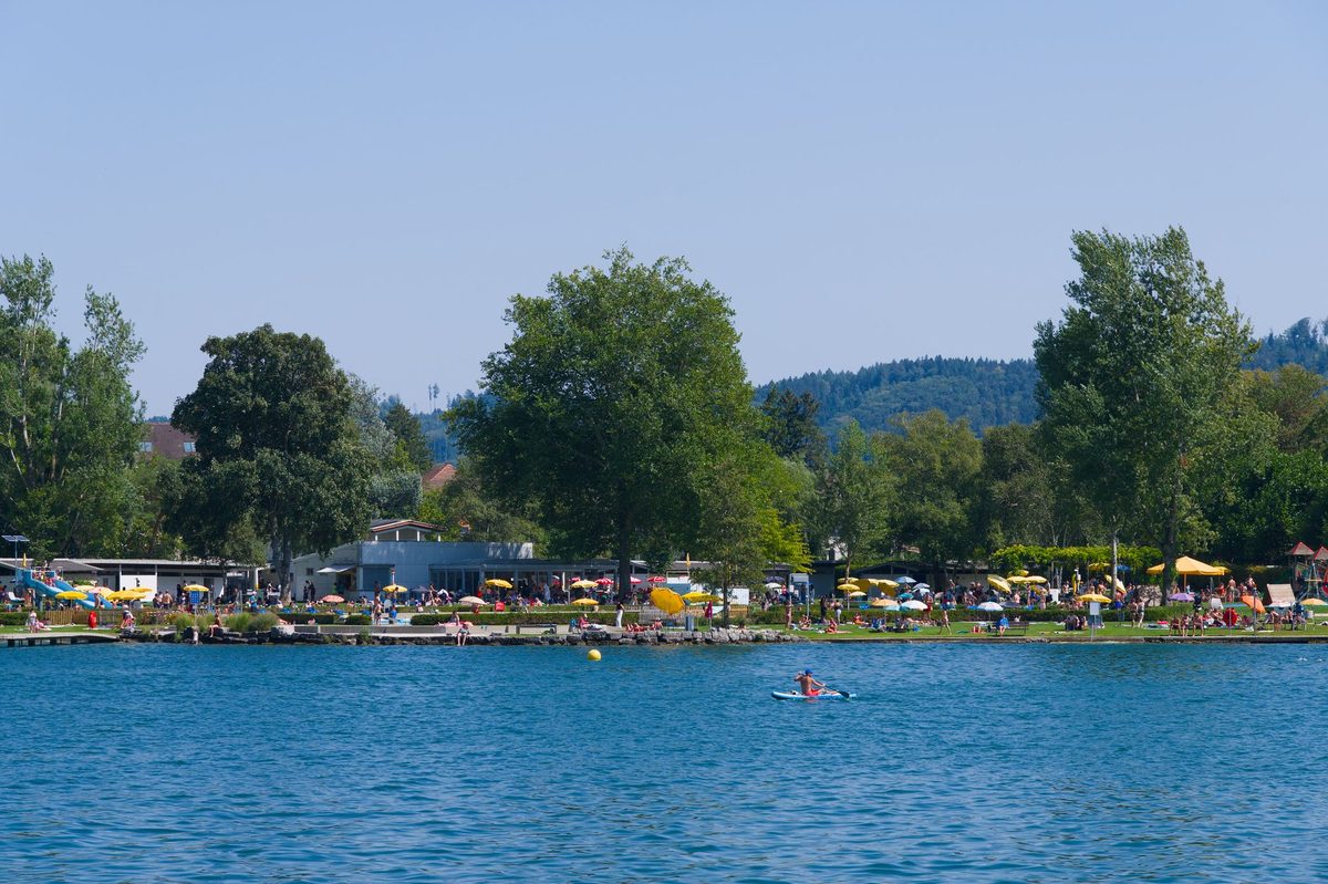Family picnicking on the lawns of a lakeside Geneva park in summer