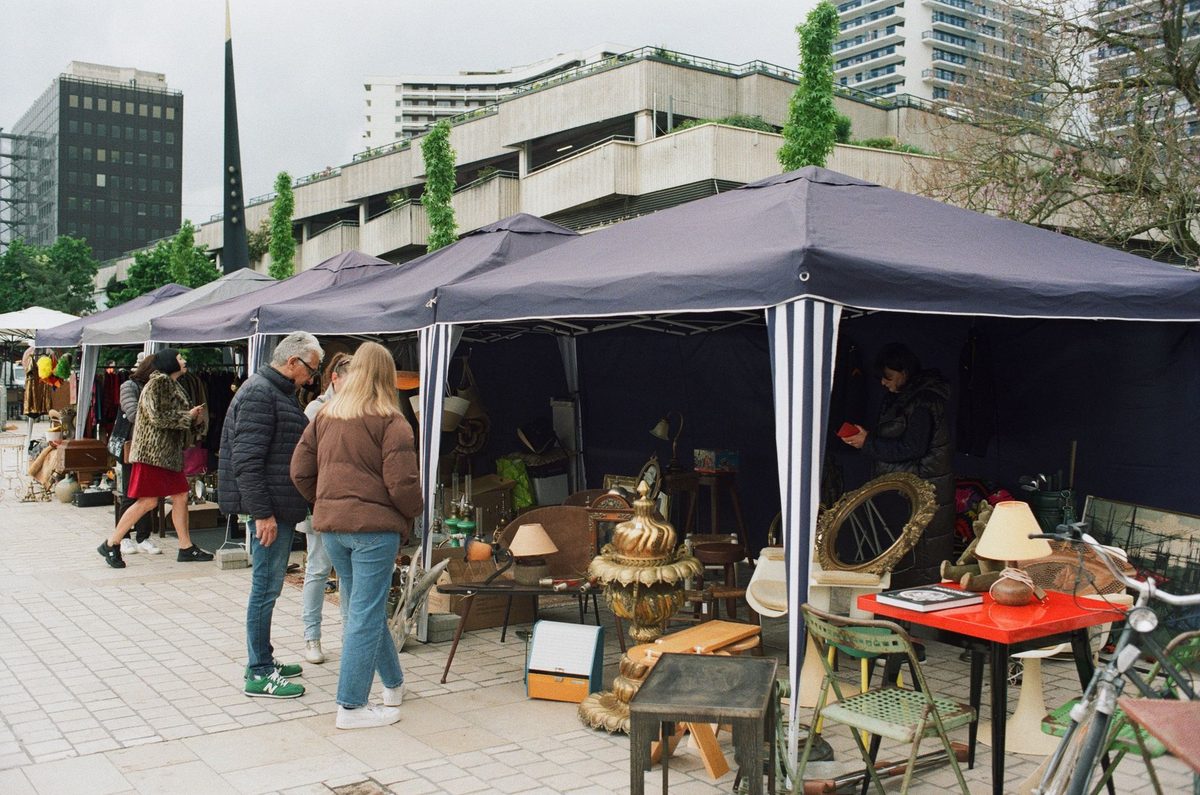 Antiques and vintage stalls at the Plainpalais flea market in Geneva