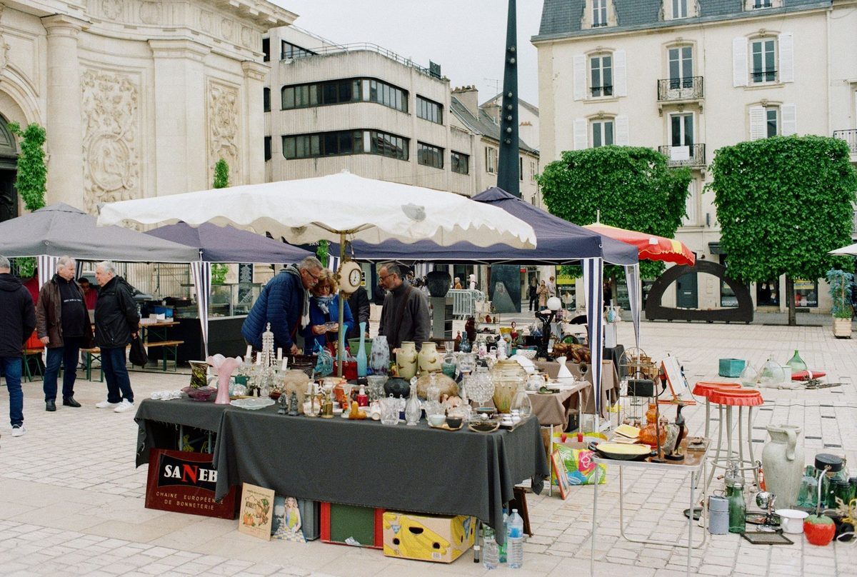 Stalls at the Plainpalais flea market in Geneva's student quarter