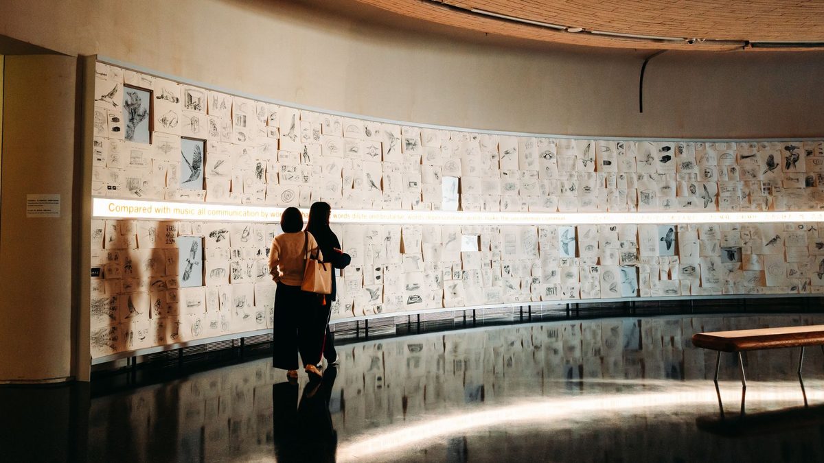 A modern museum exhibition, like the International Red Cross and Red Crescent Museum in Geneva