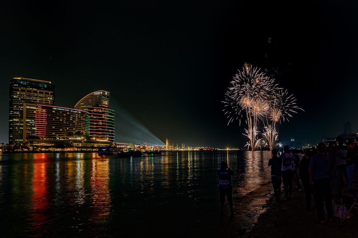 The big Geneva fireworks display reflected over the lake on a Saturday night