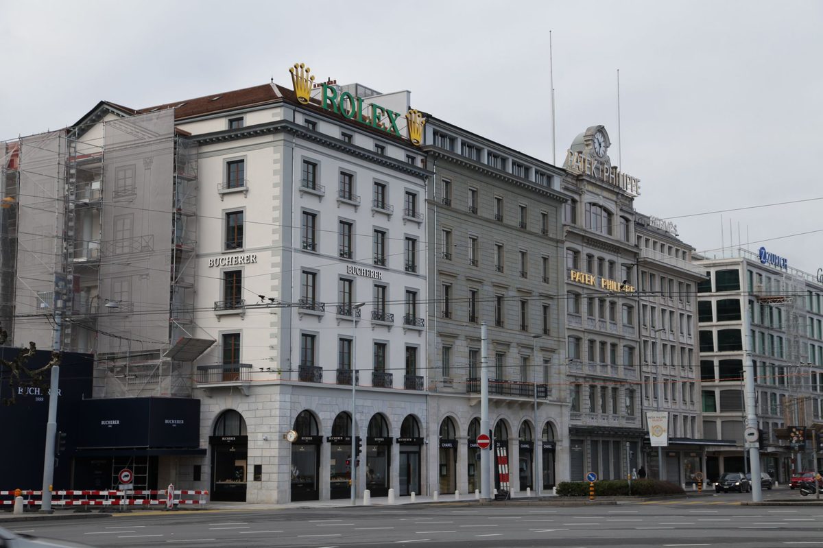 A Geneva shopping street, quiet because most shops close on Sundays