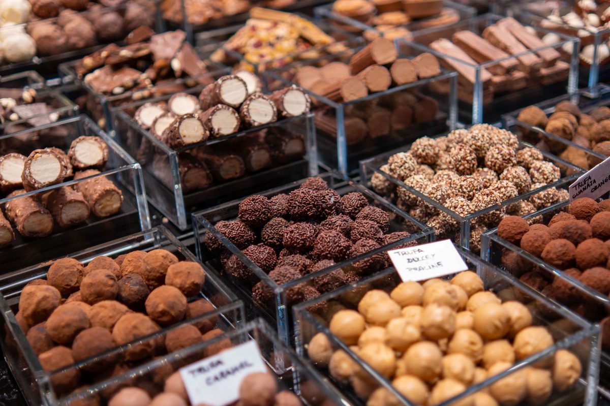 Swiss chocolate pralines and truffles in a Geneva chocolatier