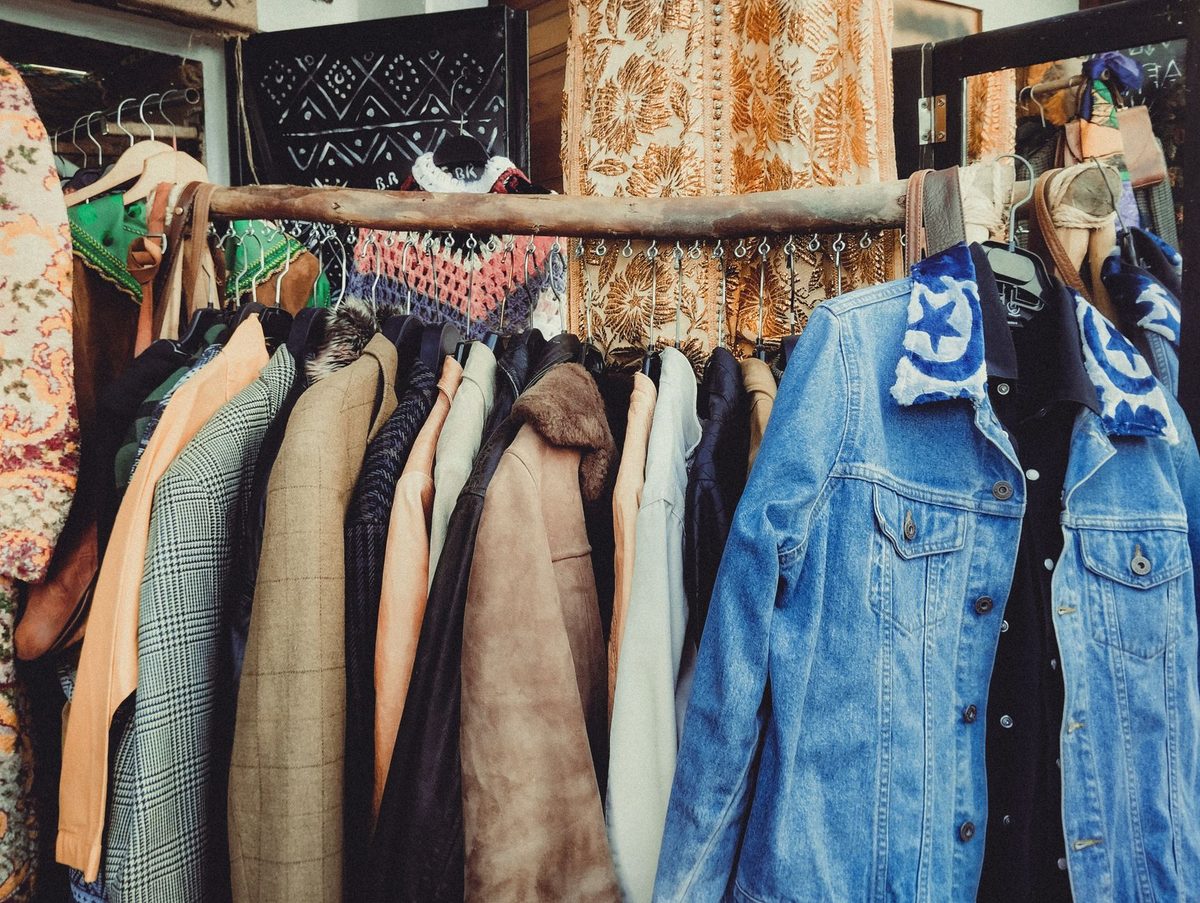Vintage clothing rack in a Carouge second-hand boutique in Geneva