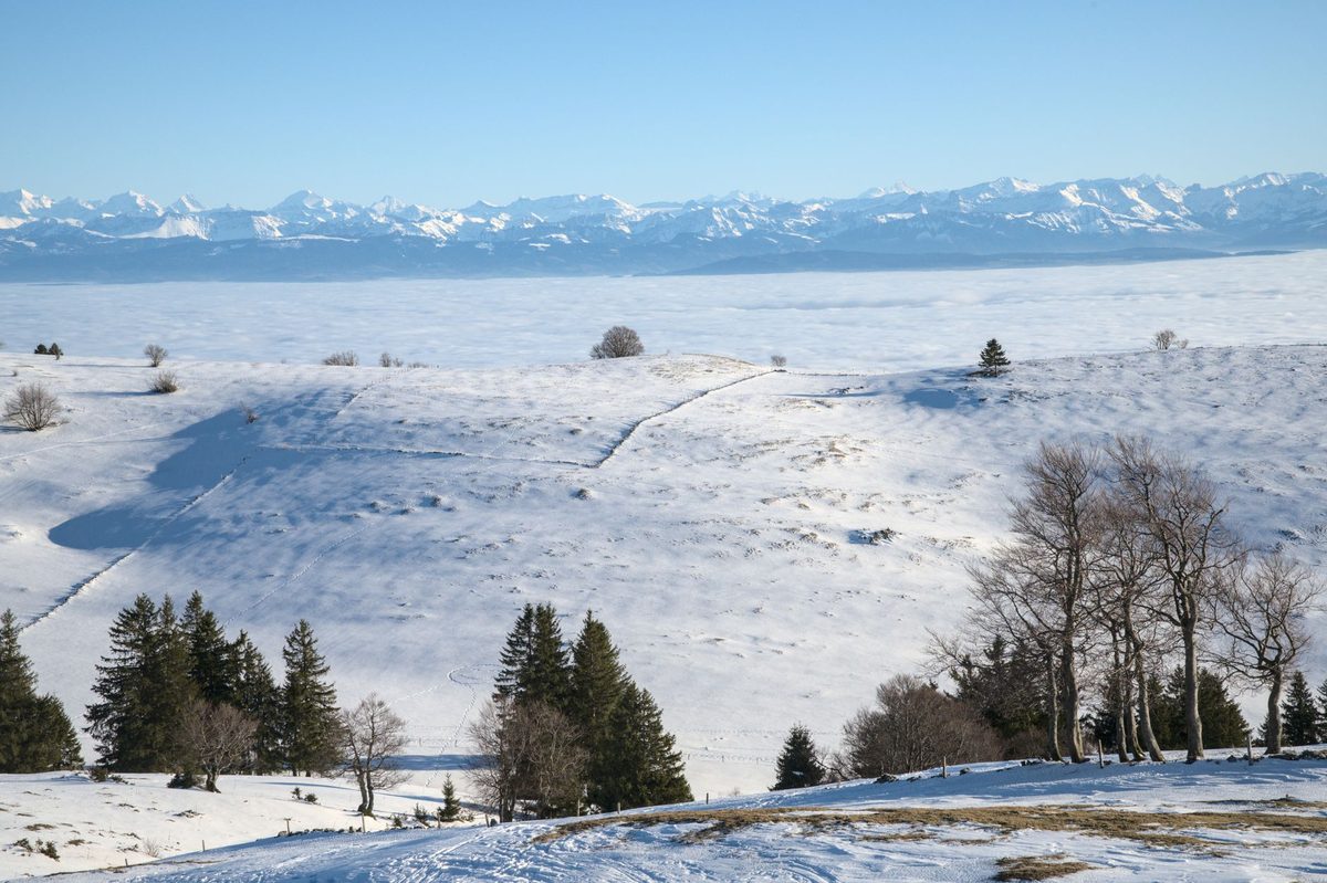 Snowy Jura ridge above Geneva rising out of the winter lake fog