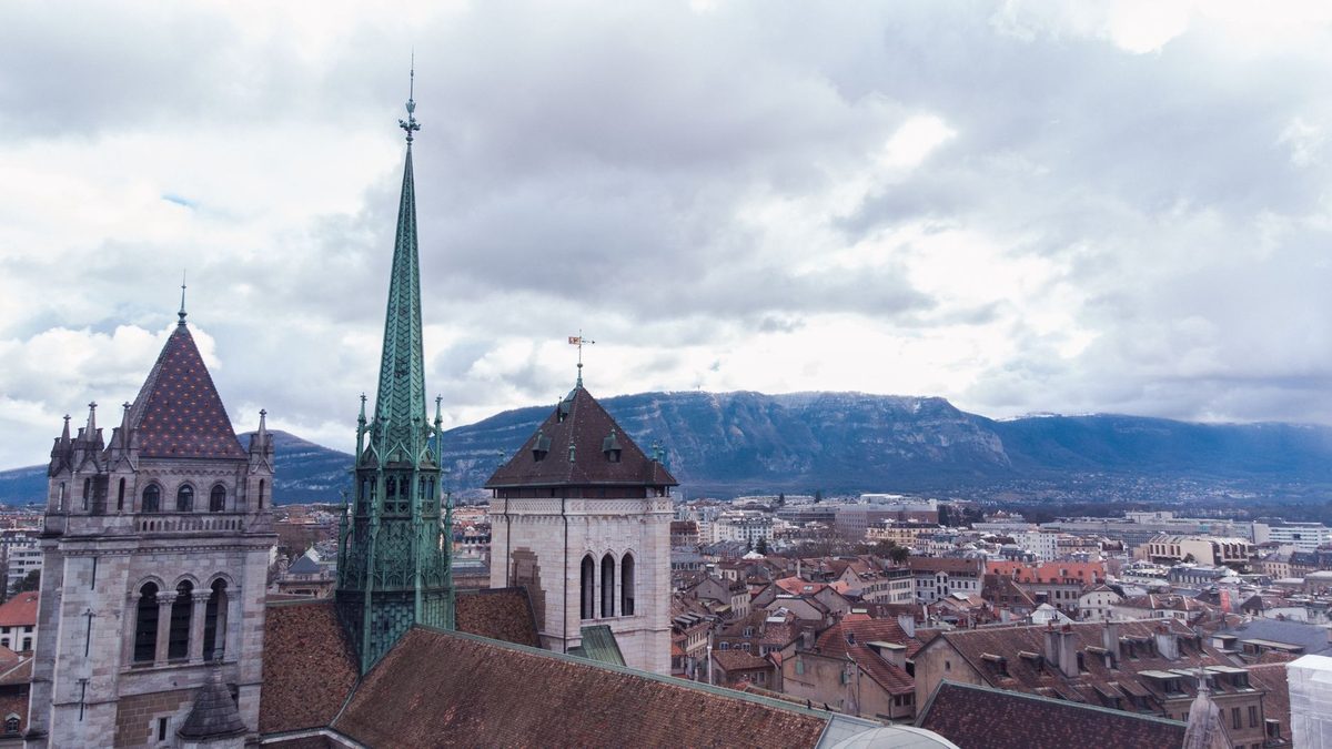Aerial view of Geneva Old Town and Lake Geneva, the geography that shaped 2,000 years of the history of Geneva