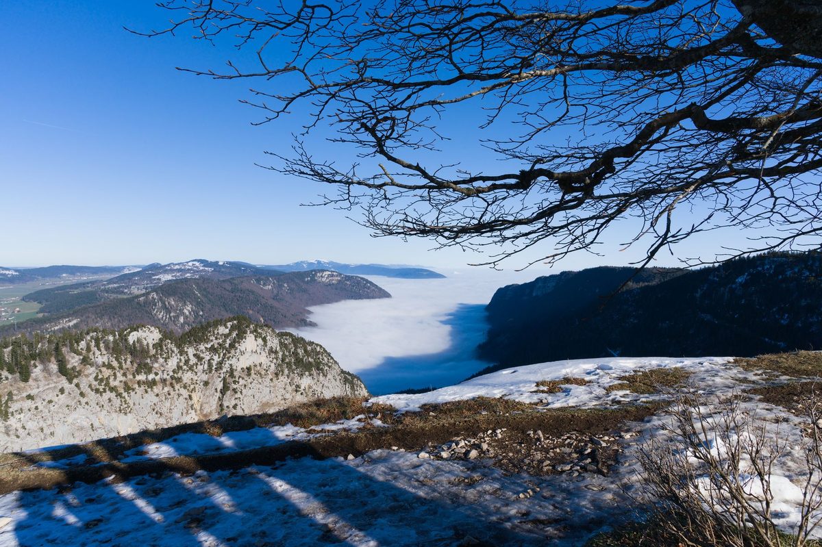 A hiking trail through the Jura mountains above Geneva, with limestone ridges over 1,700 metres