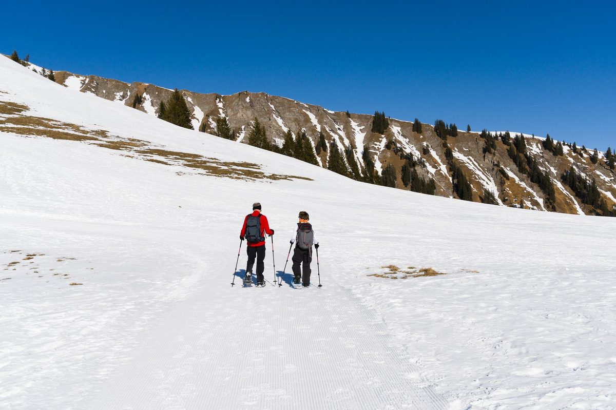 Snowshoers on the Mont Saleve plateau above the Geneva winter fog