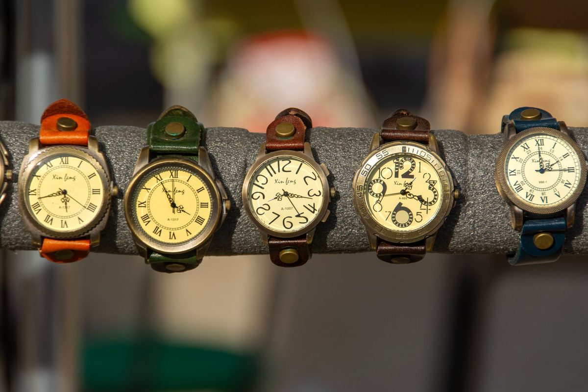 Display of vintage wristwatches representing the Patek Philippe collection in Geneva