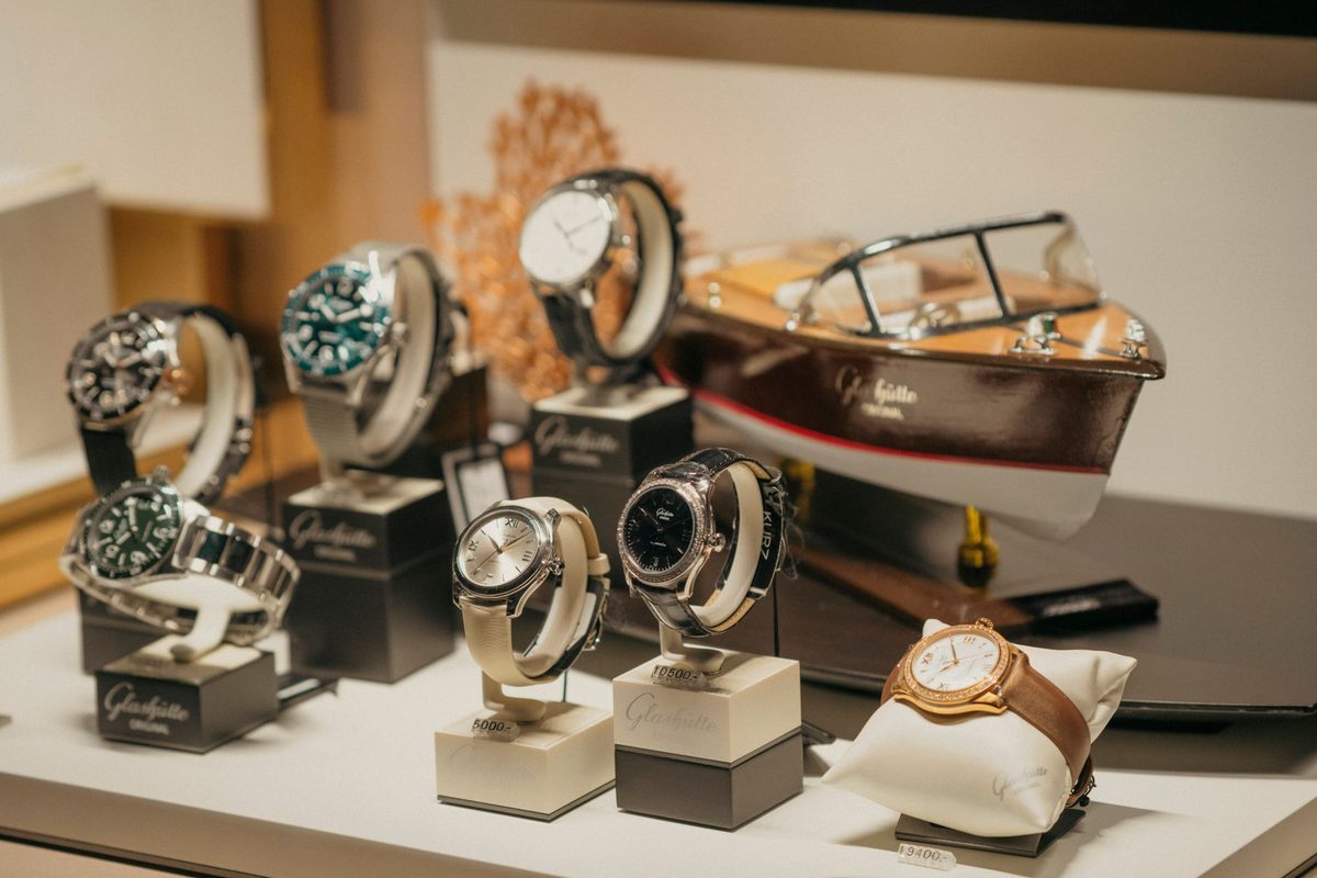 Interior of a luxury watch boutique on Geneva Rue du Rhone