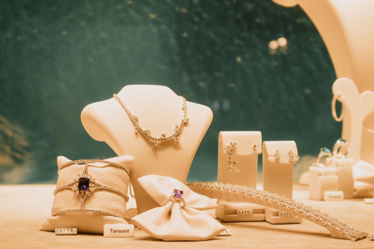 High jewellery window display on the Rue du Rhone luxury strip in Geneva