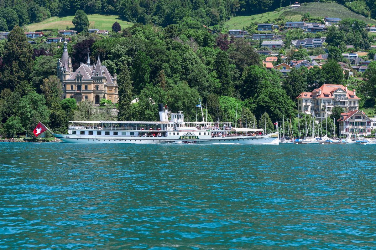 Swiss flag by the lake on Swiss National Day, 1 August, in Geneva