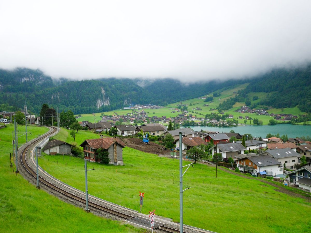 Alpine scenery from a Swiss train window on a Swiss Travel Pass route