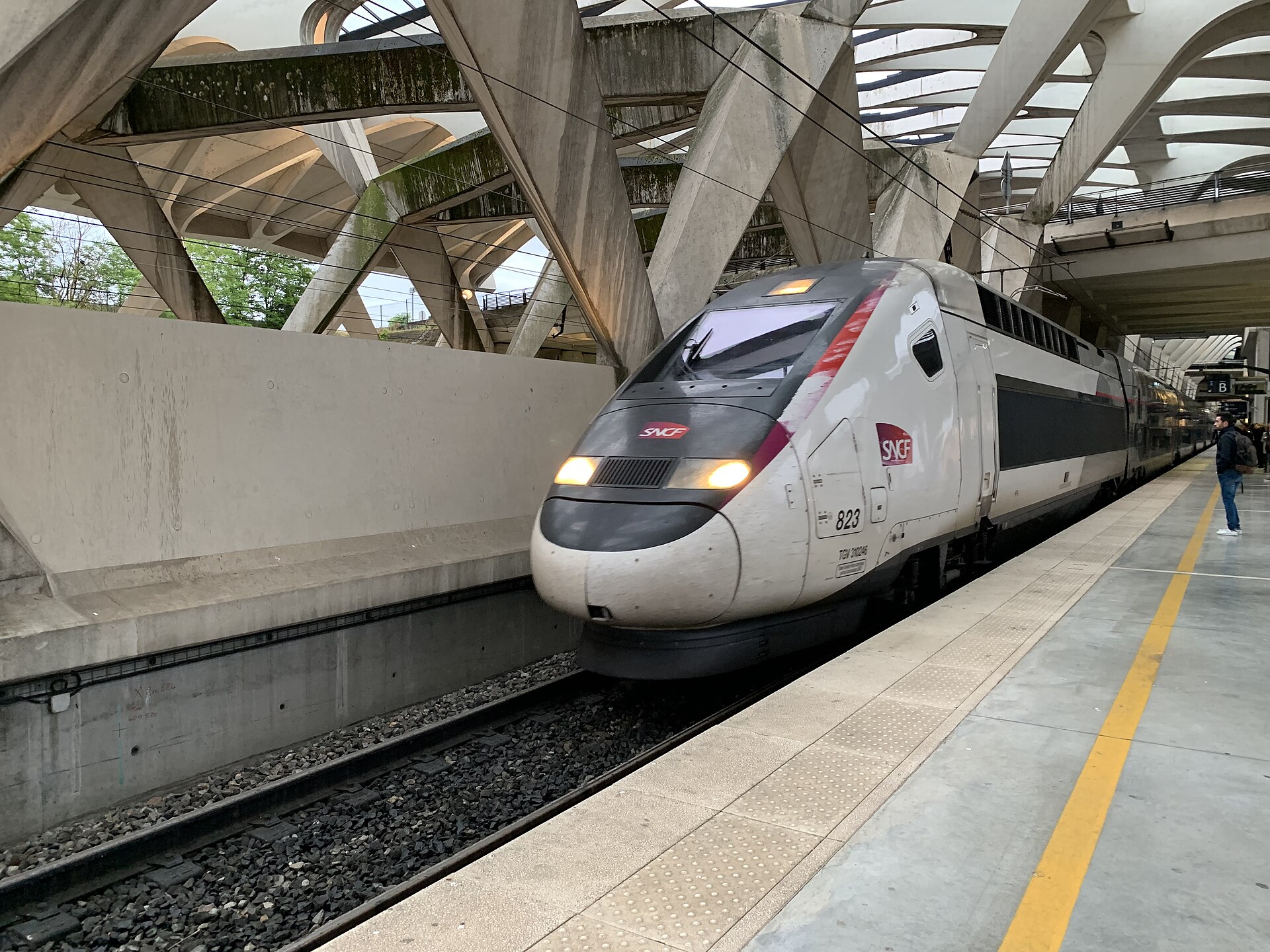 A TGV high-speed train at the Lyon Saint-Exupéry station beneath its concrete arched roof