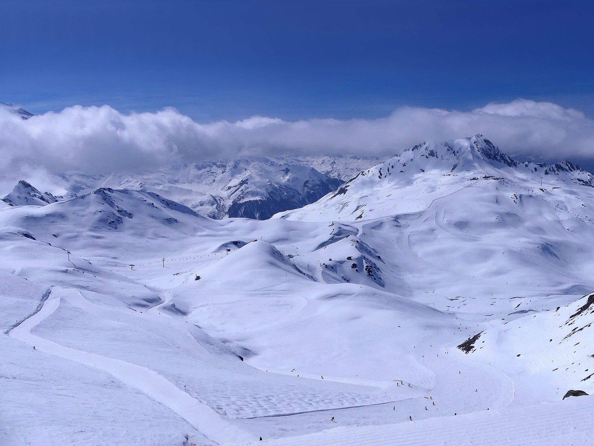 Snow-covered slopes of the Col de la Chal and the Aiguille Grive in the Les Arcs ski area