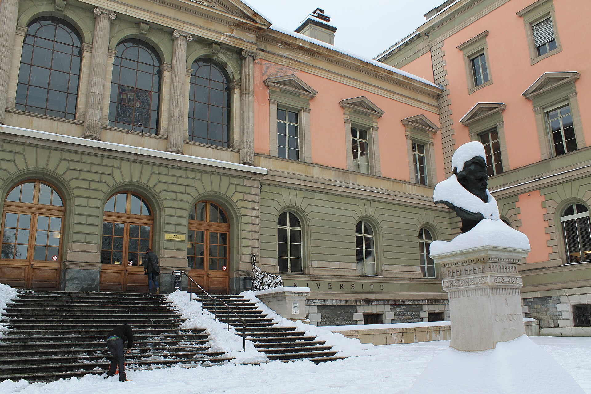 The Uni Bastions university building and a snow-capped bust after a snowfall in Geneva