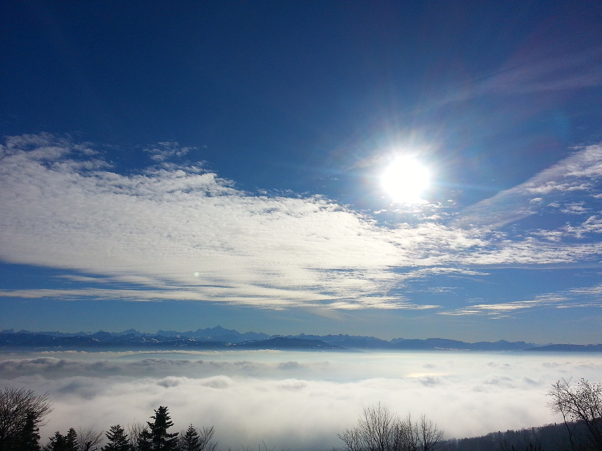 A sea of fog covering the Lake Geneva basin under a blue sky, with the Mont Blanc massif on the horizon