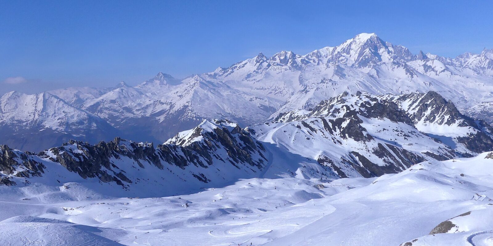 Mont Blanc and the snow-covered Tarentaise peaks seen from the ski pistes above Les Arcs