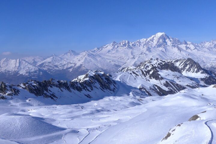 Mont Blanc and the snow-covered Tarentaise peaks seen from the ski pistes above Les Arcs