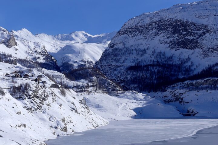 The frozen Lac du Chevril and the snow-covered gorges de la Daille below Val d'Isère in February