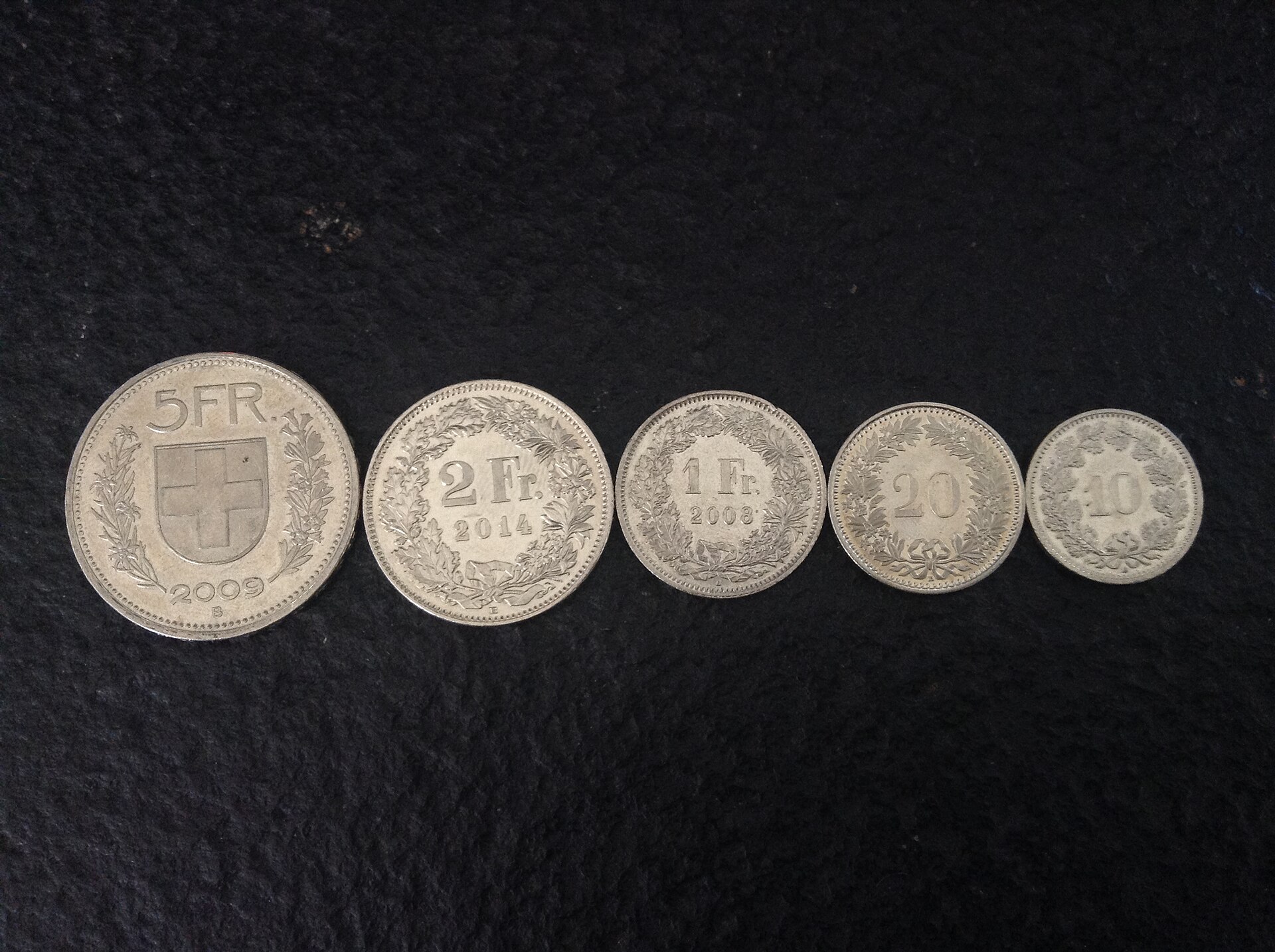 Five Swiss coins lined up on black fabric, from five francs through two francs, one franc, twenty centimes and ten centimes.