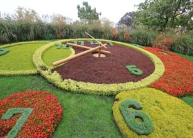Close-up of the Flower Clock in Geneva's Jardin Anglais, with large numbers planted in grey-green foliage on beds of red and yellow flowers and golden hands