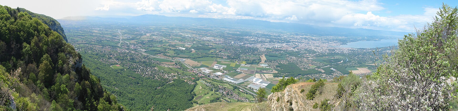 Forested Salève cliffs frame a broad view across fields and Geneva toward the blue waters of Lake Geneva.