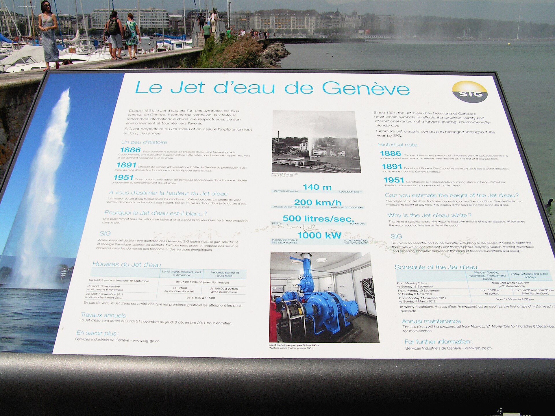 An information panel about the Jet d'Eau on the Quai Gustave-Ador, with a photo of the fountain and figures for its height, speed and flow