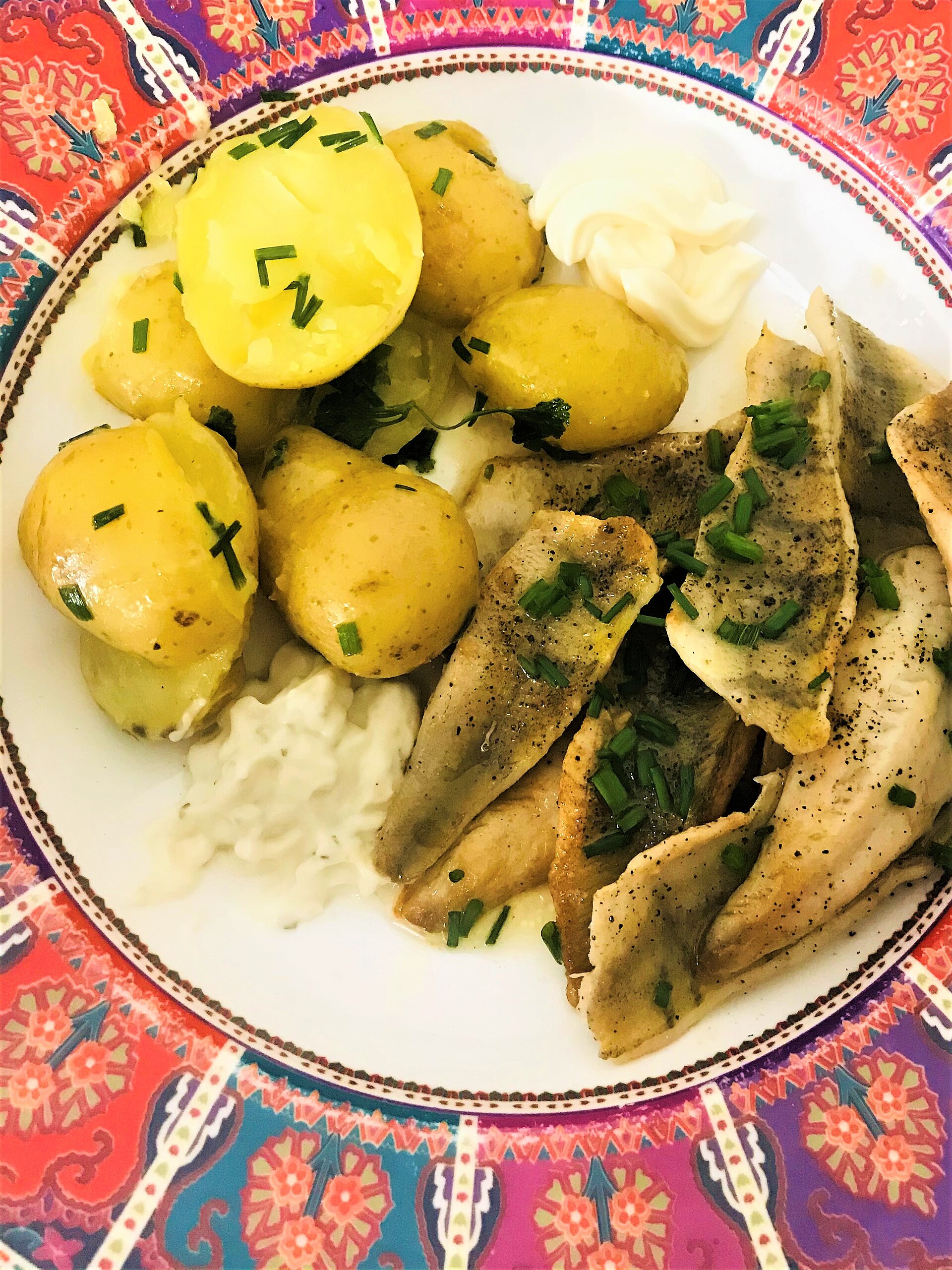 Pan-fried perch fillets sprinkled with chives, served with boiled new potatoes, parsley and mayonnaise on a colourful patterned plate, seen from above