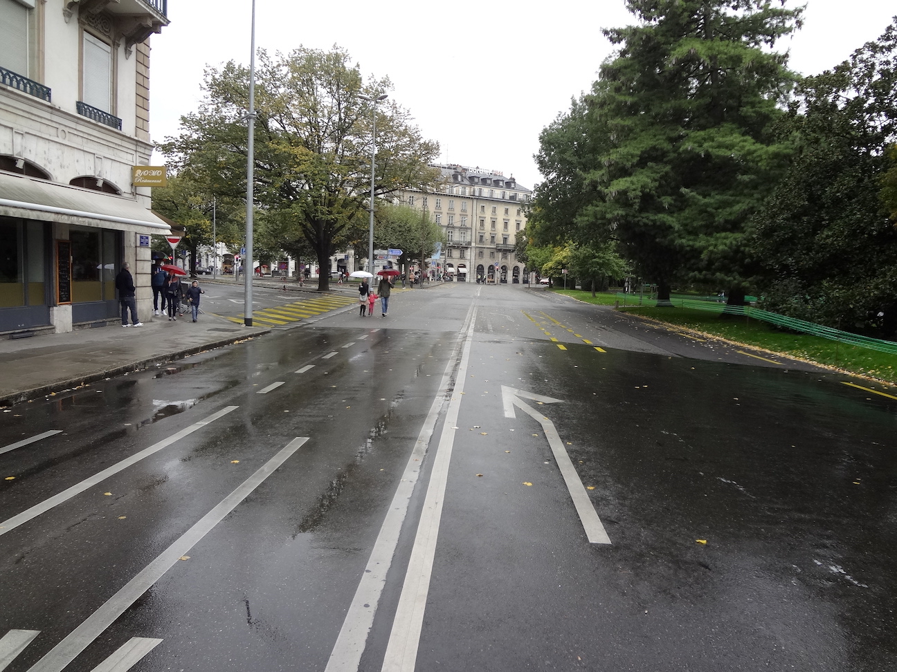 Pedestrians carry umbrellas across rain-soaked Quai Gustave-Ador in Geneva, beside trees, yellow crossings and pavement puddles.