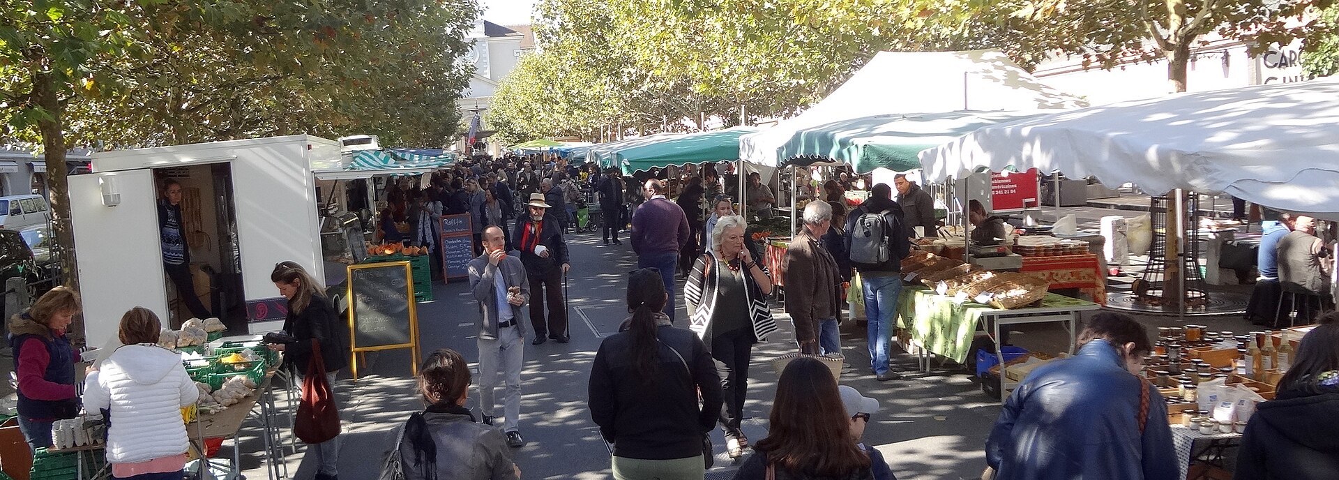 Shoppers browse food stalls under white and green awnings beneath plane trees at Carouge market.