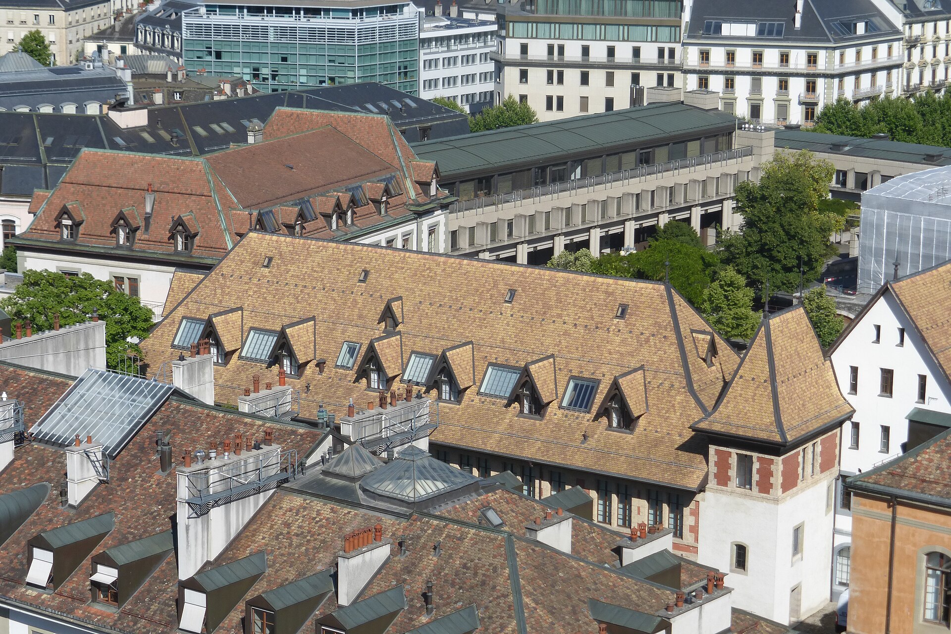 Tiled rooftops, dormer windows and a turret in Geneva's Old Town seen from the towers of St Pierre Cathedral