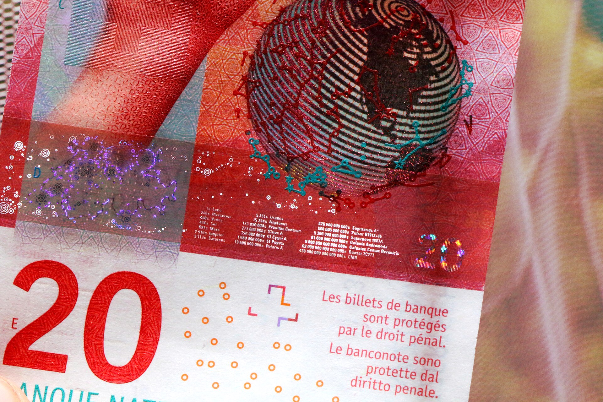A Swiss twenty-franc banknote shows a globe, fine lettering and reflective details beside the large red denomination.