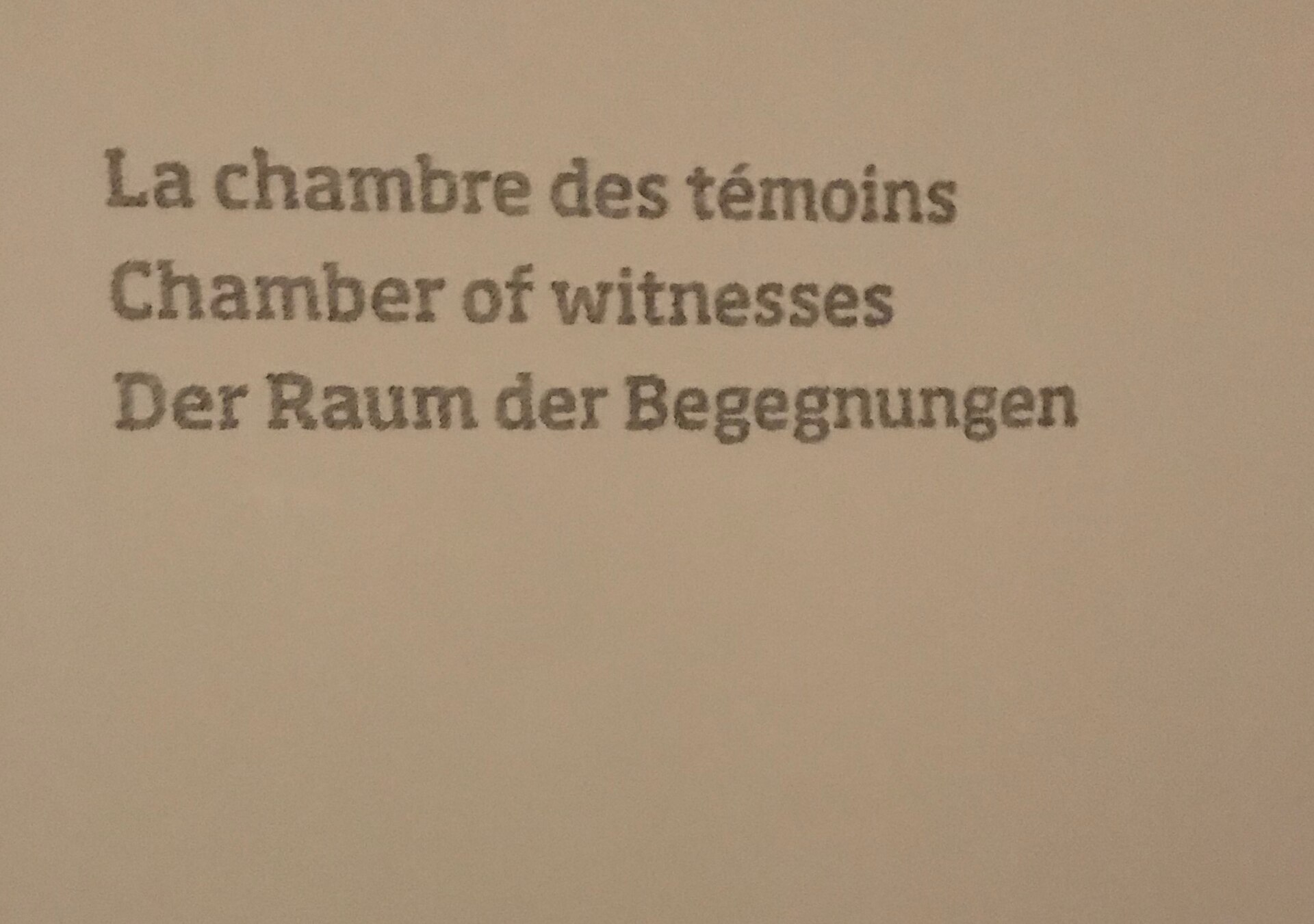 Wall sign at Geneva's International Red Cross and Red Crescent Museum reading 'La chambre des témoins, Chamber of witnesses' in French, English and German.