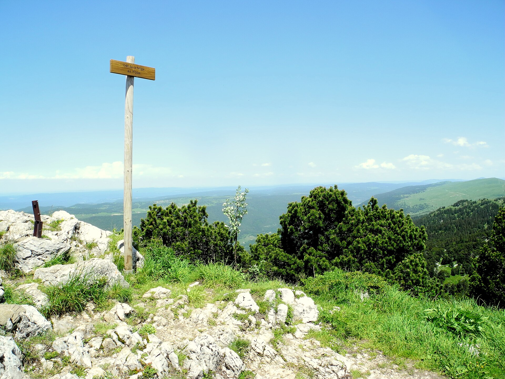 A wooden marker stands among limestone rocks and dwarf pines on Crêt de la Neige, overlooking the green Jura ridges.